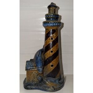 Large Ceramic Lighthouse Candle Holder Dolphin Coastal Decor 12" Blue Brown